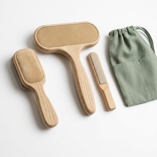 Three wooden fabric hair-removal tools and sage storage pouch